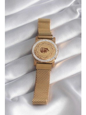 Eco Lounge 316L Çelik Gold Renk Mıknatıslı Hasır Zirkon Taşlı Çeyrek Altın Model Kadın Bileklik