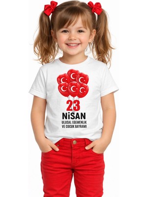 Efendioğlu Design Kısa Kollu Türk Bayraklı Balon Desenli 23 Nisan Çocuk Tişörtü Unisex Tişört