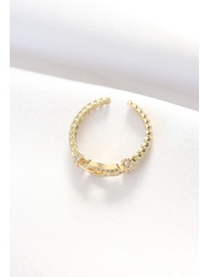 Eco Lounge Kemer Tokası Tasarımlı Gold Renk Zirkon Taşlı Ayarlanabilir Yüzük