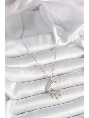 Eco Lounge 316L Çelik Gümüş Renk Zincir Zirkon Taşlı Hilal Model Sallantı Yaprak Detay Kadın Kolye