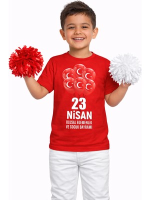 Efendioğlu Design Kısa Kollu Türk Bayraklı Balon Desenli 23 Nisan Çocuk Tişörtü Unisex Tişört