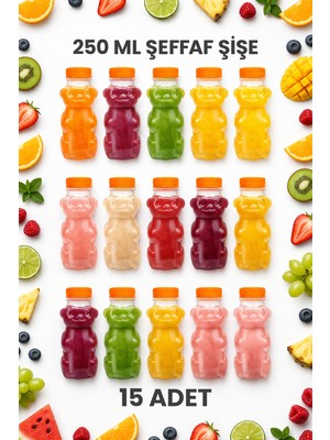 M&B Water Bottle 15 Adet Boş Ayıcık Şişe – 250 ml Okul ve Piknik Için Eğlenceli Şeffaf Çocuk Meyve Suyu Şişesi