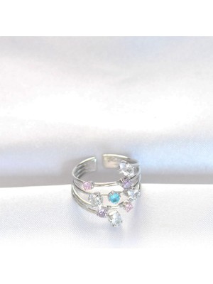Eco Lounge Renkli Zirkon Taşlı Silver Renk Ayarlanabilir Yüzük
