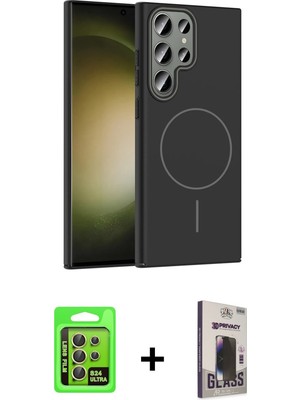 Cepte Toptan Galaxy S24 Ultra Siluet Doku Özel Seri - Siyah Bilvis Hayalet Cam Ekran Koruyucu + Sarı Raze Metal Kamera Lens