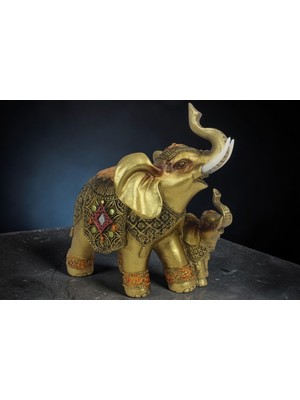 Elifeshop Lüks Nakış Işlemeli Anne ve Yavru Fil Heykeli Feng Shui Şans Getiren Dekoratif Masaüstü Biblo 17 Cm.
