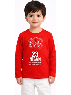 Efendioğlu Design Uzun Kollu Türk Bayraklı Balon Desenli 23 Nisan Çocuk Tişörtü Unisex Tişört