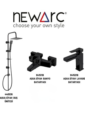 Newarc Aqua Siyah Banyo-Lavabo Bataryası ve Duş Ünitesi 3'lü Set 941521B-941511B-440536