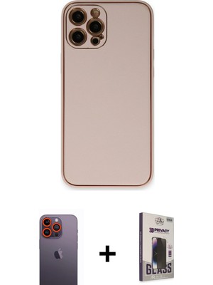 iPhone 12 Pro Max Yadigar Klasik - Siyah Bilvis Hayalet Cam Ekran Koruyucu + Turuncu Neon Fosforlu Kamera Lens