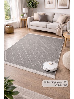 Şekerci Tekstil Sisal Görünümlü Polyester Kilim Gri Desen Kaymaz Taban Robot Süpürgeye Uyumlu Modern Halı