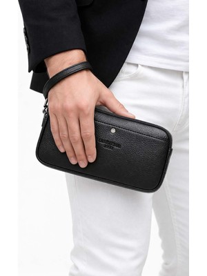 Derise Club Erkek Siyah Iki Bölmeli Lüks El ve Bileklik Kemerli Portföy El Çantası