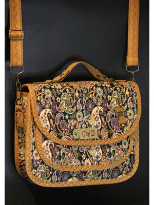 Pujiva Büyük Boy Etnik Desenli Fermuarlı Kilitli El Yapımı Desenli El ve Omuz Askılı Çanta