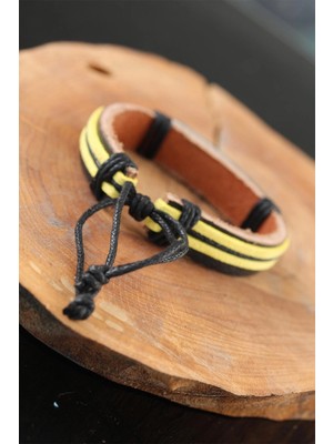 Eco Lounge Metal Aksesuarlı Sarı Siyah Renk Deri Erkek Bileklik