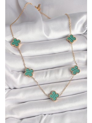 Eco Lounge 316L Çelik Gold Renk Zincir Yeşil Yonca Model Kadın Kolye