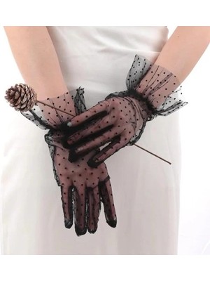 Eco Lounge Kısa Güpürlü Siyah Puantiyeli Tül Eldiven
