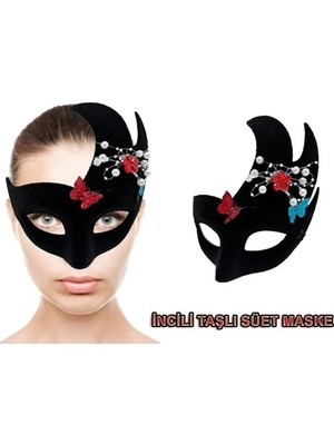 Eco Lounge Siyah Incili Taşlı Süet Venedik Parti Maskesi