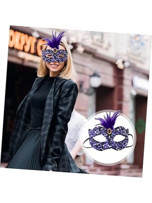 Eco Lounge Siyah Kadife Payetli Pullu Mor Tüylü Parti Maskesi