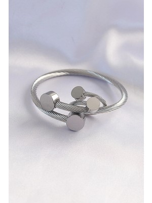 Eco Lounge 316L Çelik Gümüş Renk Oval Aksesuarlı Burgu Model Bileklik ve Yüzük Kombini
