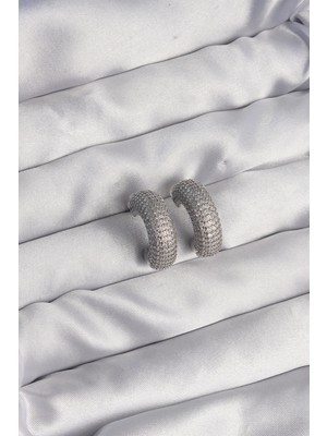 Eco Lounge Pirinç Gümüş Renk Zirkon Taşlı Yarım Halka Küpe