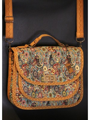 Pujiva Büyük Boy Etnik Desenli Fermuarlı Kilitli El Yapımı Desenli El ve Omuz Askılı Çanta