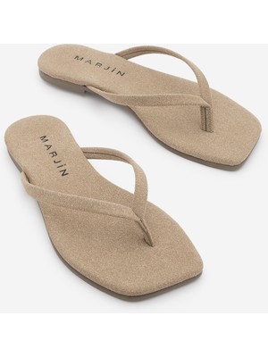 Marjin Kadın Ince Bantlı Parmak Arası Küt Burun Günlük Terlik Nelvin Bej Süet