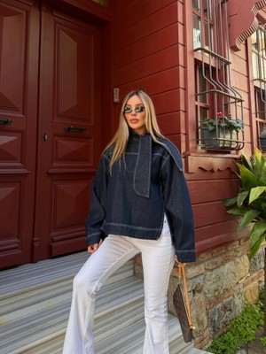 Laluvia Lacivert Yakası Bağlama Detaylı Denim Ceket - 0943