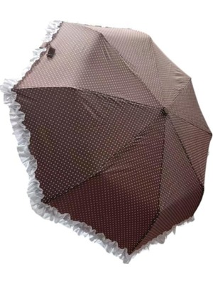 Vardem Puantiyeli Fırfırlı Bayan Şemsiye - Vintage Siyah Beyaz Retro Tasarım Yağmur Şemsiyesi