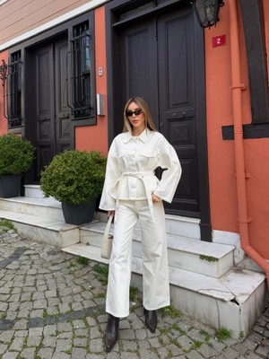 Laluvia Ekru Bağlamalı Denim Ceket Pantolon Takım