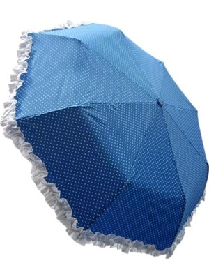 Vardem Puantiyeli Fırfırlı Bayan Şemsiye - Vintage Siyah Beyaz Retro Tasarım Yağmur Şemsiyesi