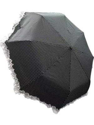 Vardem Puantiyeli Fırfırlı Bayan Şemsiye - Vintage Siyah Beyaz Retro Tasarım Yağmur Şemsiyesi