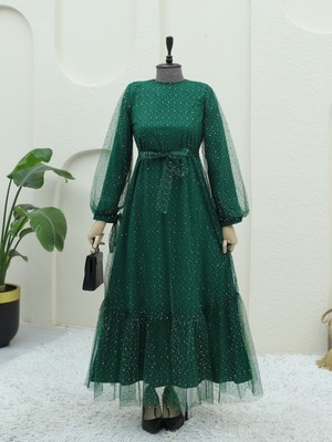 Modamorfo Serpme Pul Detaylı Kolu Bağcıklı Tül Elbise -Zümrüt