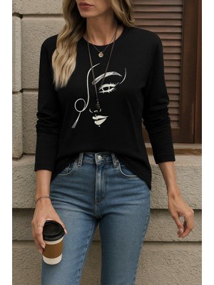 Modatıkla Kadın Uzun Kollu Bisiklet Yaka Yüz Desenli Viskon Bluz