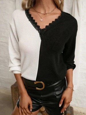 Modatıkla Kadın Uzun Kollu V Yakalı Çift Renkli Triko Bluz