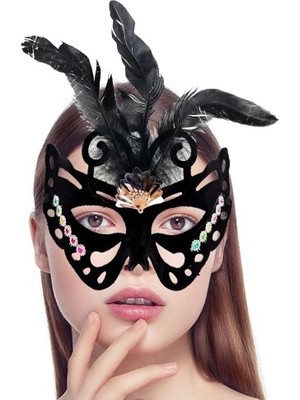Eco Lounge Siyah Süet Tüylü Kelebek Figür Parti Maskesi