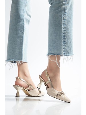Antakya Yöresi K-250 Altın Günlük Arkası Açık Tokalı Topuklu Kadın Ayakkabı