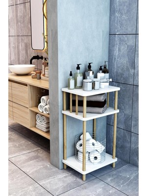 Feyza Design Yüksekliği 78 Cm, 3 Katlı Ahşap Çok Amaçlı Banyo Köşe Rafı