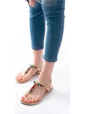 Antakya Yöresi 152-1110 Gold Multi Cam Kırığı Taşlı Parmak Arası Kadın Sandalet