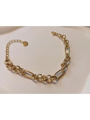 Euro Aksesuar 316L Çelik 14K Altın Kaplama Figaro & Halka Detaylı Ayarlanabilir Kadın Bileklik (17-23 Cm)