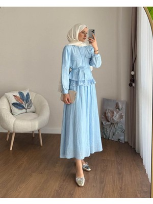RFK Butik Kadın Dantel Detaylı Paris Etekli Takım - Mavi