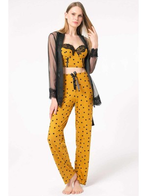 Hobilinka Tül Dantelli Sabahlık Balenli Destekli Dolgulu Puantiyeli Büstiyer Sütyen ve Pantolon Pijama 3'