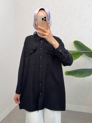 Modamorfo Yakası ve Cepleri Dantel Detaylı  Gömlek -Siyah