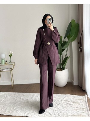 RFK Butik Kadın Zara Kupra Seyyar Kemerli Gold Düğmeli Pantolonlu Takım - Mürdüm