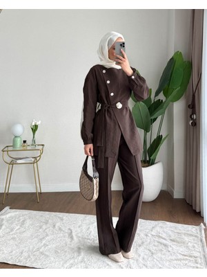 RFK Butik Kadın Zara Kupra Seyyar Kemerli Gold Düğmeli Pantolonlu Takım - Kahverengi