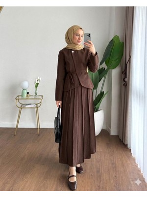 RFK Butik Kadın Zara Kupra Seyyar Kemerli Çımalı Etekli Takım - Kahverengi