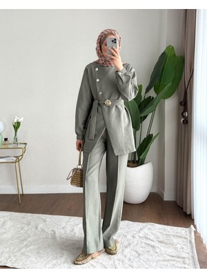 RFK Butik Kadın Zara Kupra Seyyar Kemerli Gold Düğmeli Pantolonlu Takım - Yeşil