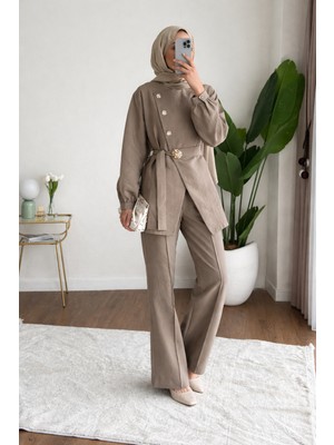 RFK Butik Kadın Zara Kupra Seyyar Kemerli Gold Düğmeli Pantolonlu Takım - Vizon