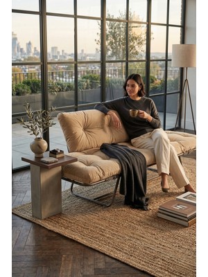 AVYNA Luxury Ikili Kanepe | Mekanizmalı Yatak Sistemli Ikili Koltuk - Baby Face Kumaş - Krem