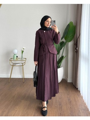 RFK Butik Kadın Zara Kupra Seyyar Kemerli Çımalı Etekli Takım - Mürdüm