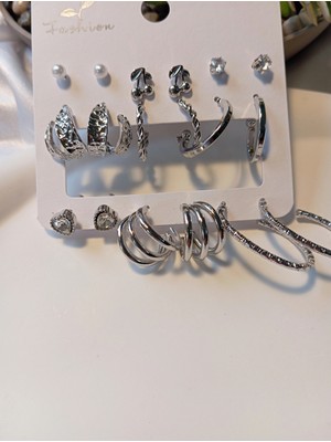 Euro Aksesuar 6 Çift Gümüş Renk Pirinç Çoklu Küpe Seti - Karışık Model Halkave Vidalı Piercing Uyumlu Set