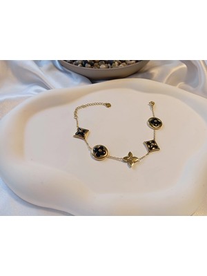 Euro Aksesuar 316L Çelik Ayarlanabilir Zincir Bileklik, 17-22 Cm, Kadın Aksesuar, Gold Kaplama, Siyah Yonca Model