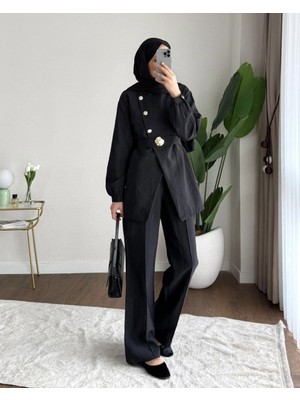 RFK Butik Kadın Zara Kupra Seyyar Kemerli Gold Düğmeli Pantolonlu Takım - Siyah
